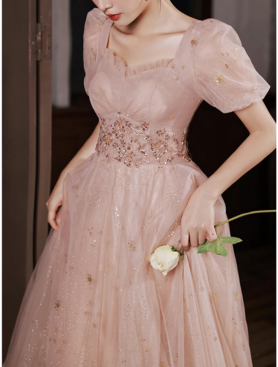 Vestidos de fiesta de corte A, elegantes, de compromiso, hasta el suelo, media manga, escote cuadrado, satén con apliques