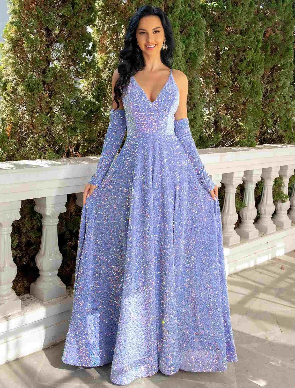 Lavender Sequin A-Line V-Neck Floor-Length Gown with Detached Cold-Shoulder Sleeves