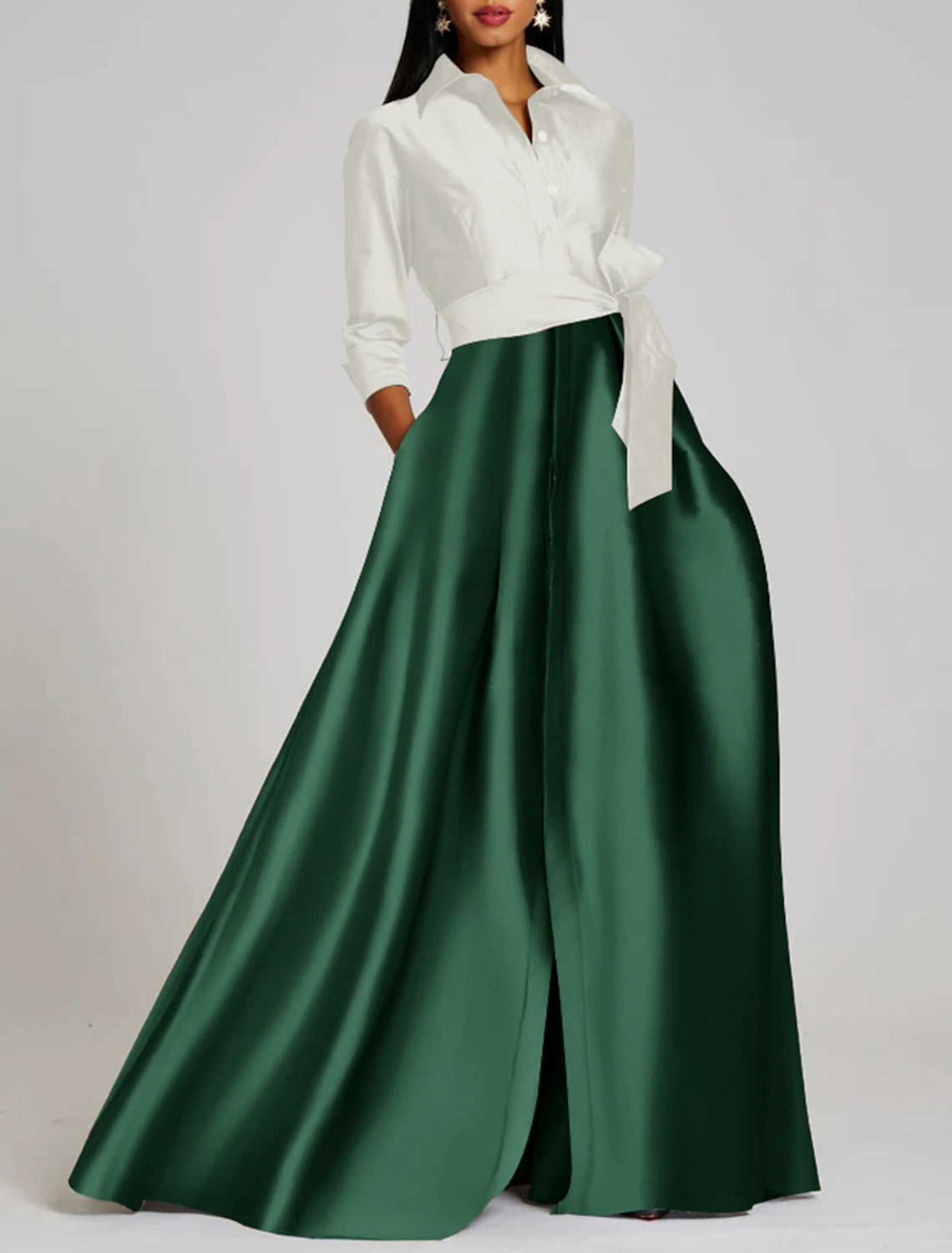 Vestido de noche elegante de corte A, formal, largo hasta el suelo, manga 3/4, cuello camisero, satén con abertura y tiras