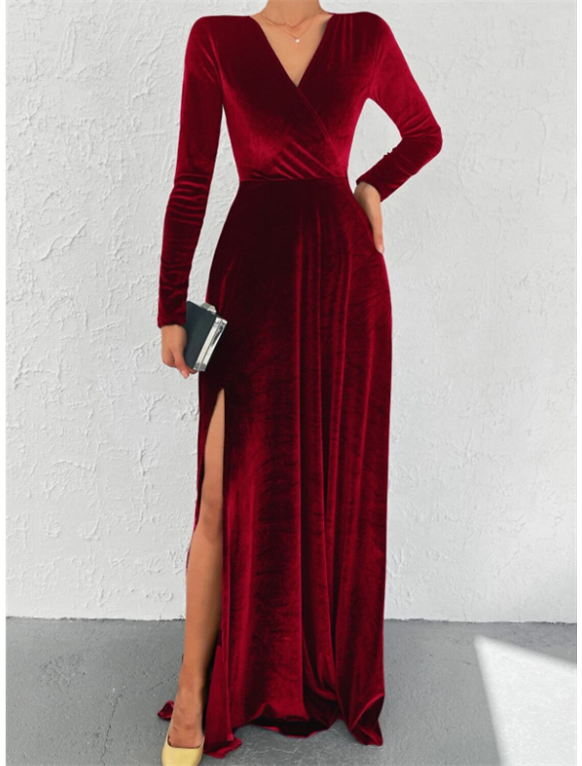 Mermaid / Trumpet Evening Gown Elegant Dress Formal Christmas Sweep / Brush Train Long Sleeve V Neck Velvet with Ruched Slit