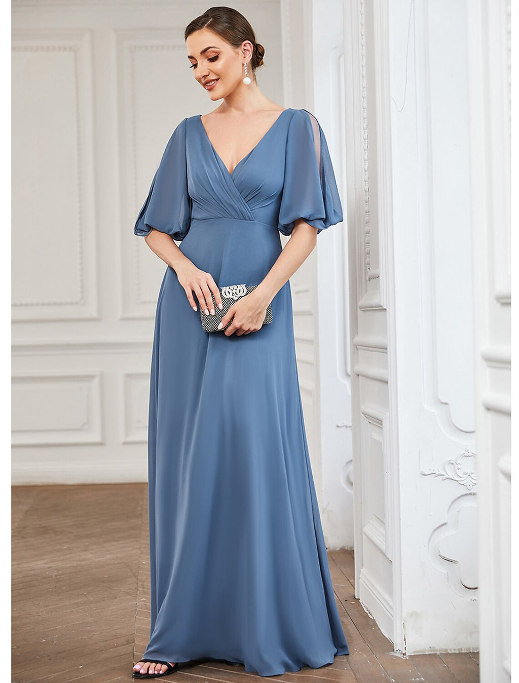 Dusty Blue Chiffon A-Line Floor-Length Bridesmaid Dress - Draped V-Neck & Flutter Sleeves