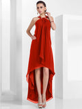 Red Chiffon A-Line Asymmetrical Dress with Halter neckline & Backless for Cocktail Party, Evening Party & Homecoming
