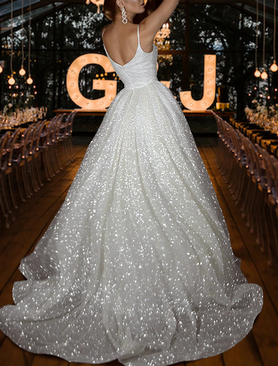 Vestidos de novia informales Hall Sparkle &amp; Shine, corte A, camisola, escote en V, tirantes finos, cola larga y lentejuelas, color liso, para bodas de verano y otoño 2025, ropa de mujer.