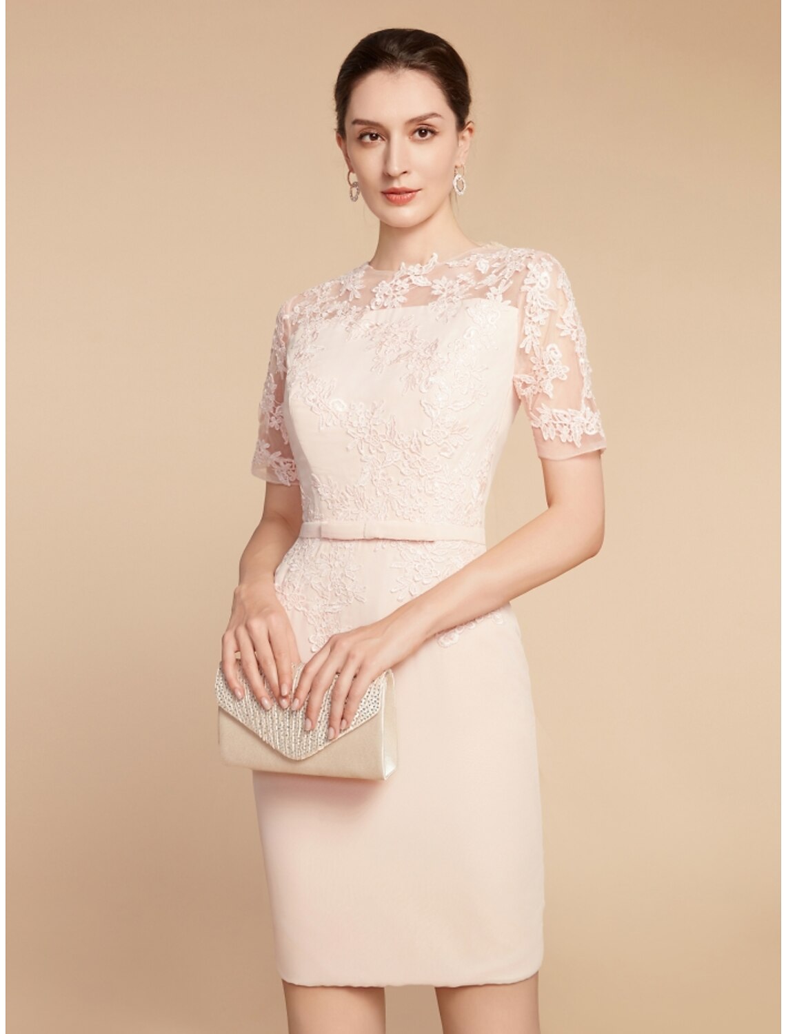 Two Piece A-Line Mother of the Bride Dress Wedding Guest Elegant Petite Jewel Neck Short / Mini Lace  Fabric 3/4 Length Sleeve with Bow(s) Ruffles Solid Color