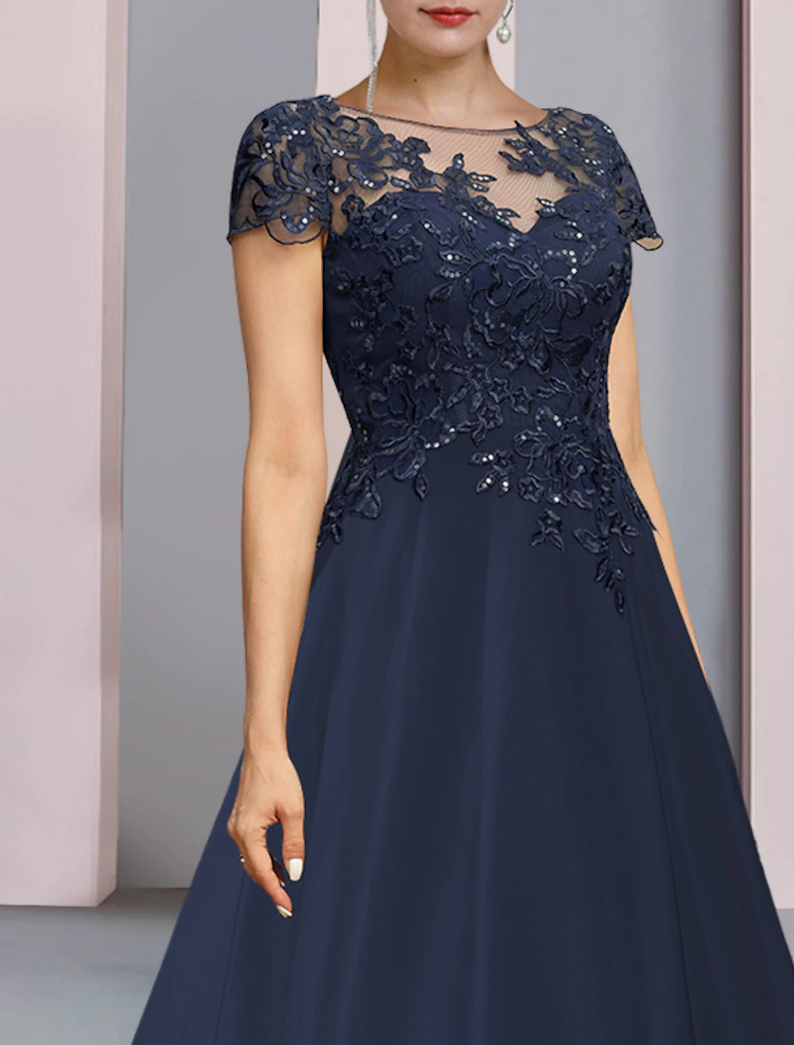 Dark Navy Chiffon A-Line Floor-Length Evening Dress | Lace & Illusion Neck