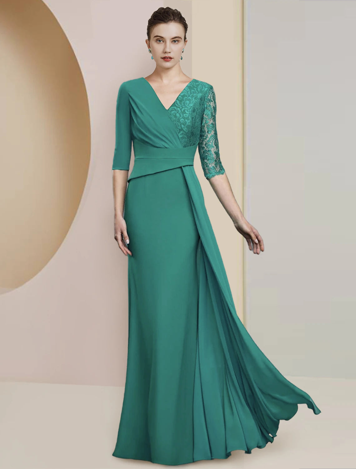 Emerald Chiffon and Lace Sheath/column Floor-Length Dress with V-Neck and Draped Bodice
