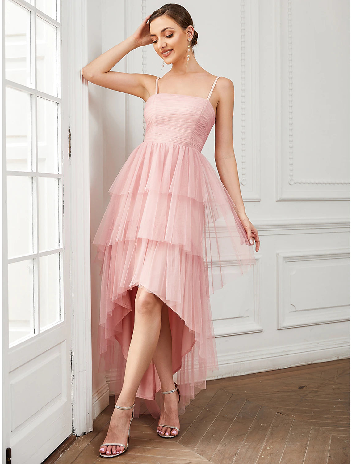 Blushing Pink Tulle A-Line Asymmetrical Bridesmaid Dress