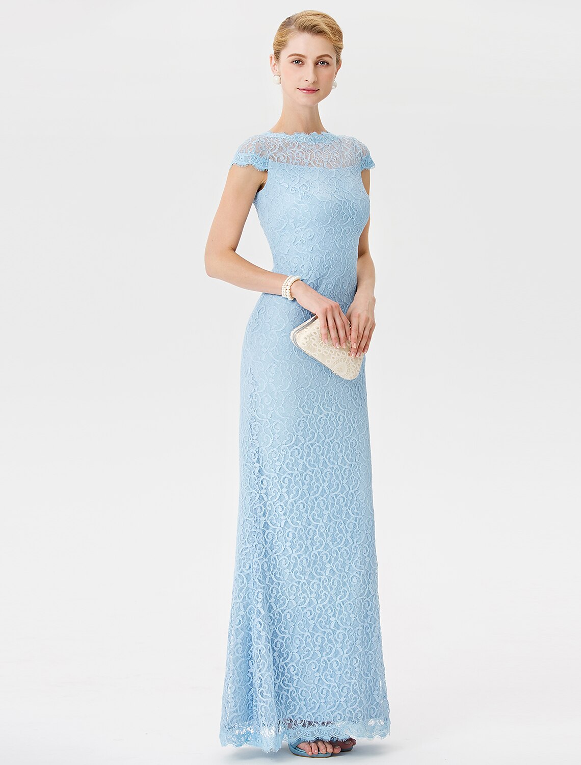 Abito da madre della sposa a tubino/colonna, elegante, con scollo a V, lunghezza al pavimento, in pizzo, maniche corte, senza pizzo