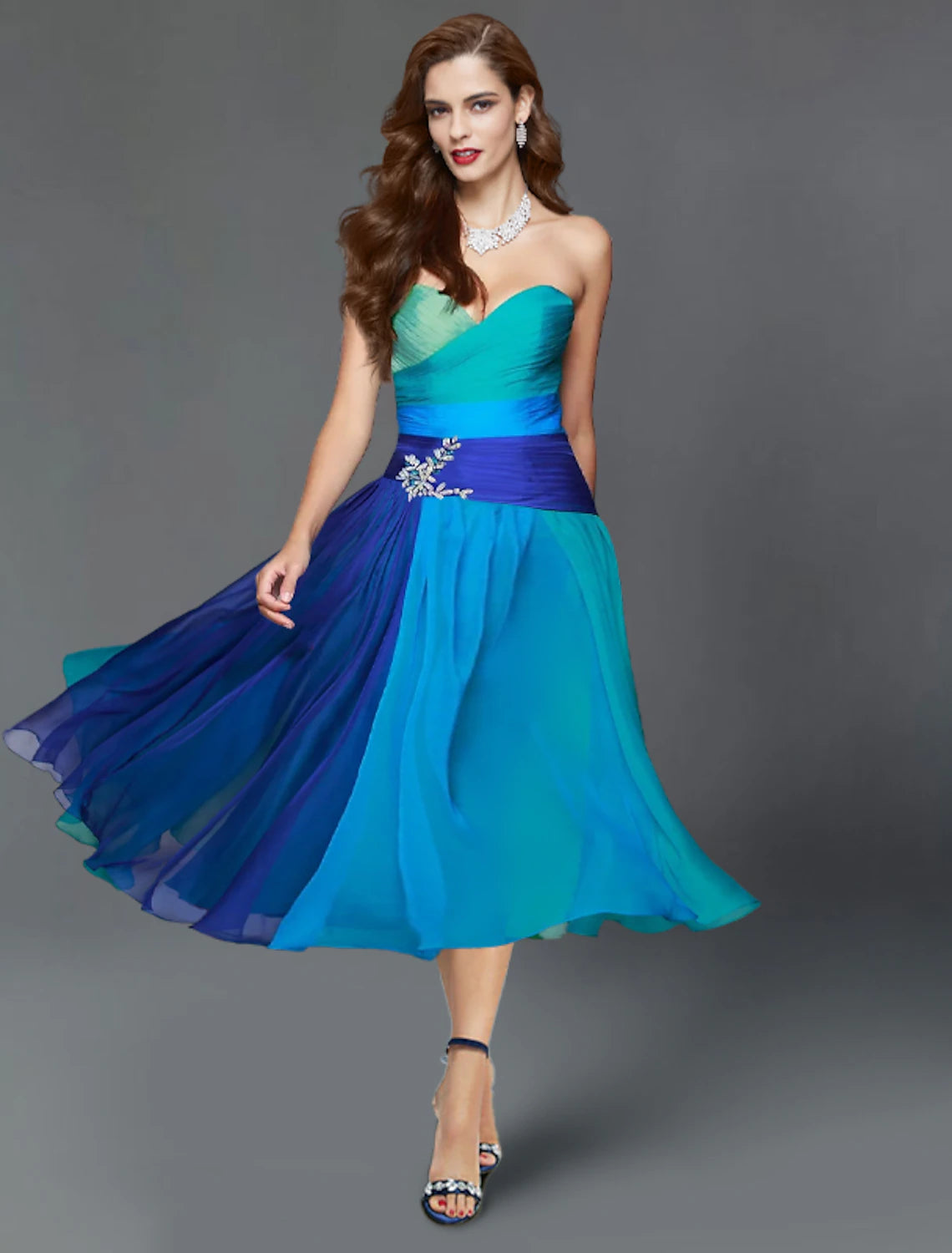 Blue Chiffon A-Line Sweetheart Tea-Length Dress with Pleated Bodice & Embellished Waist