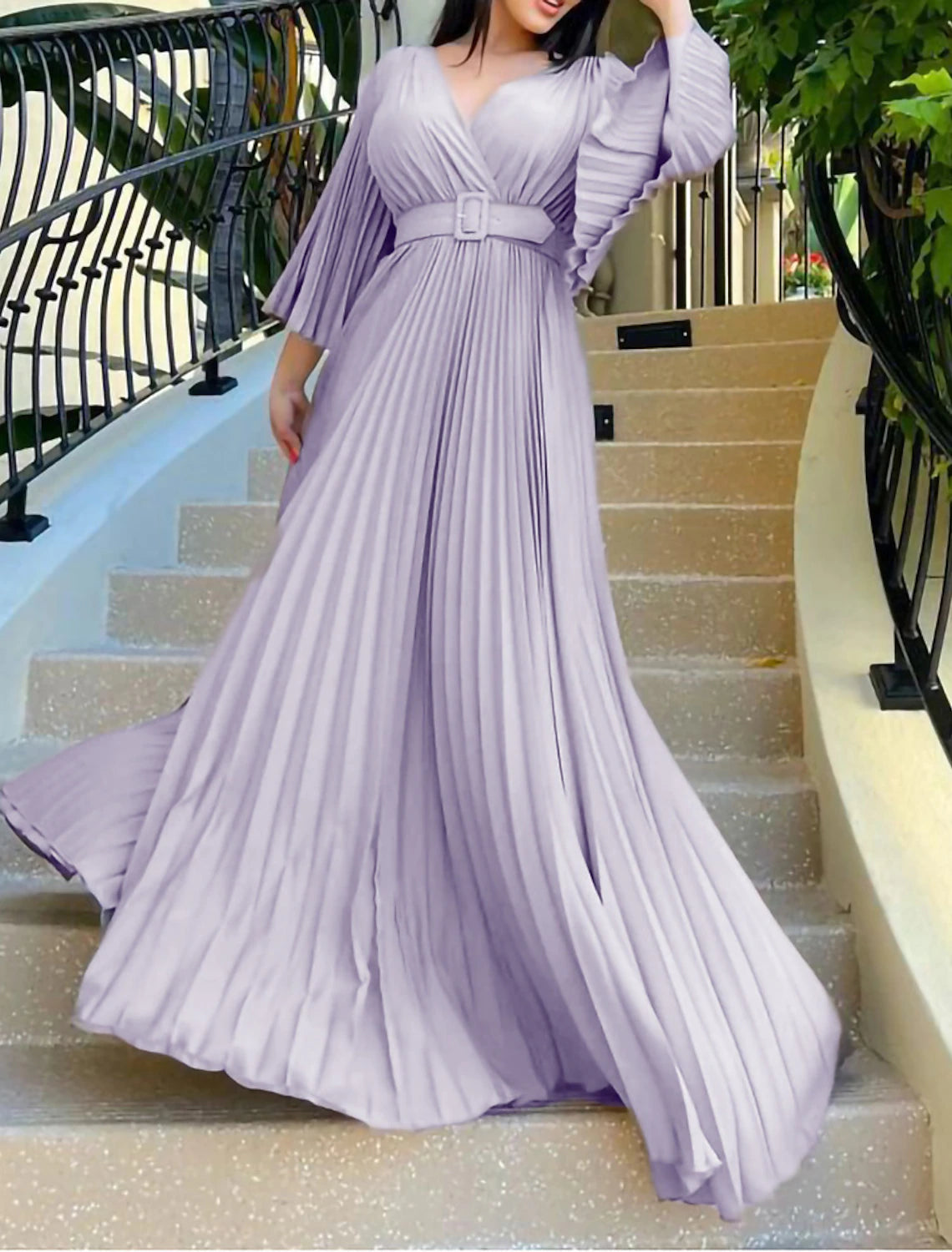 Abiti da festa a trapezio, abito svolazzante, abito da ospite di nozze, festa, lunghezza al pavimento, manica a 3/4, scollo a V, cintura/fascia in chiffon con pieghe