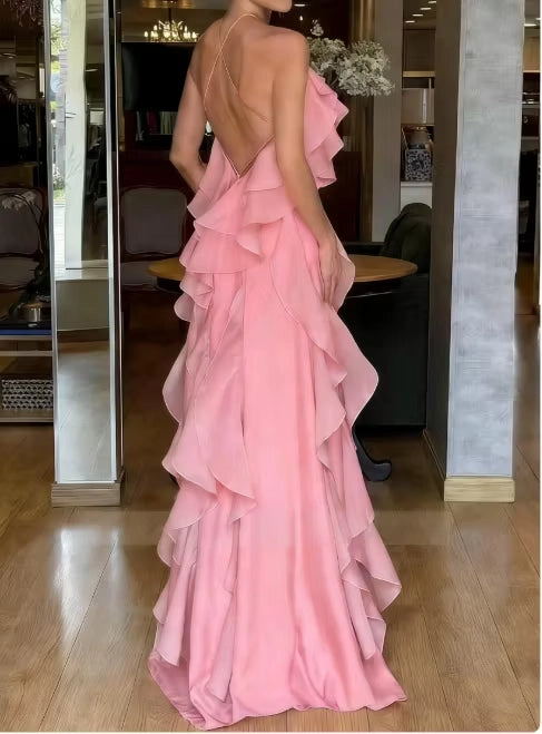 Pink Chiffon A-Line Halter Open Back Floor-Length Dress Back View - Jimiss