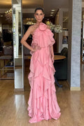 Pink Chiffon A-Line Halter Open Back Floor-Length Dress Front View - Jimiss