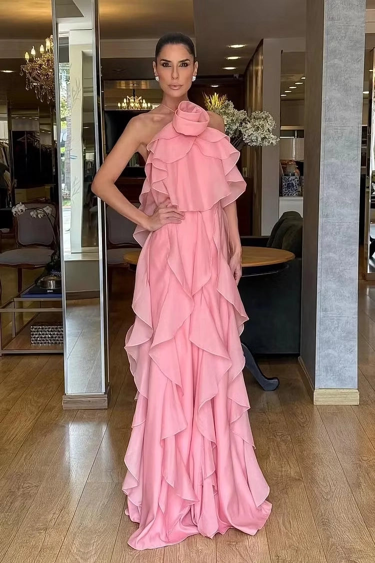 Pink Chiffon A-Line Halter Open Back Floor-Length Dress Front View - Jimiss