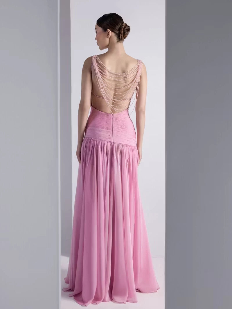 Pink Chiffon A-Line Sweetheart Open Back Floor-Length Dress Back View - Jimiss