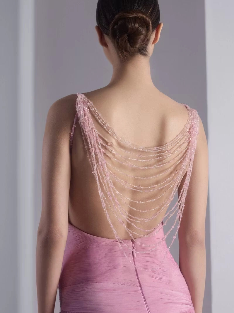 Pink Chiffon A-Line Sweetheart Open Back Floor-Length Dress Detail - Jimiss