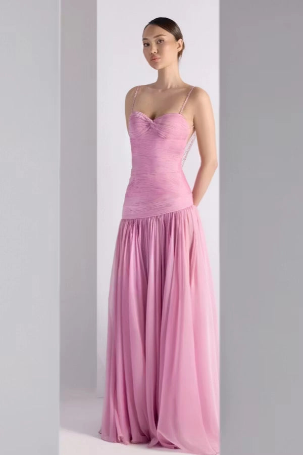 Pink Chiffon A-Line Sweetheart Open Back Floor-Length Dress Front View - Jimiss
