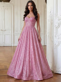 Pink Glitter Fabric A-Line Sweetheart Lace-Up Back Floor-Length Dress - Jimiss