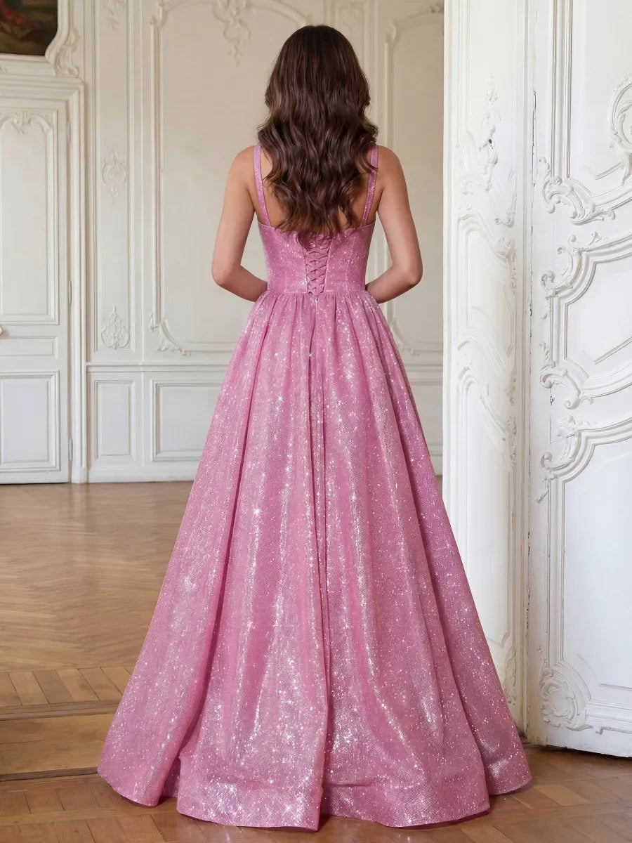 Pink Glitter Fabric A-Line Sweetheart Lace-Up Back Floor-Length Dress - Jimiss