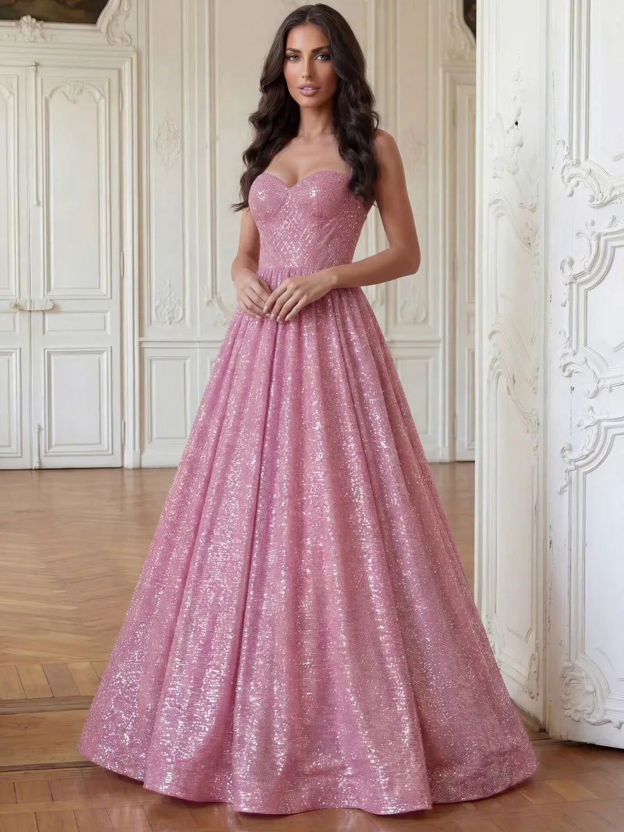 Pink Glitter Fabric A-Line Sweetheart Lace-Up Back Floor-Length Dress - Jimiss