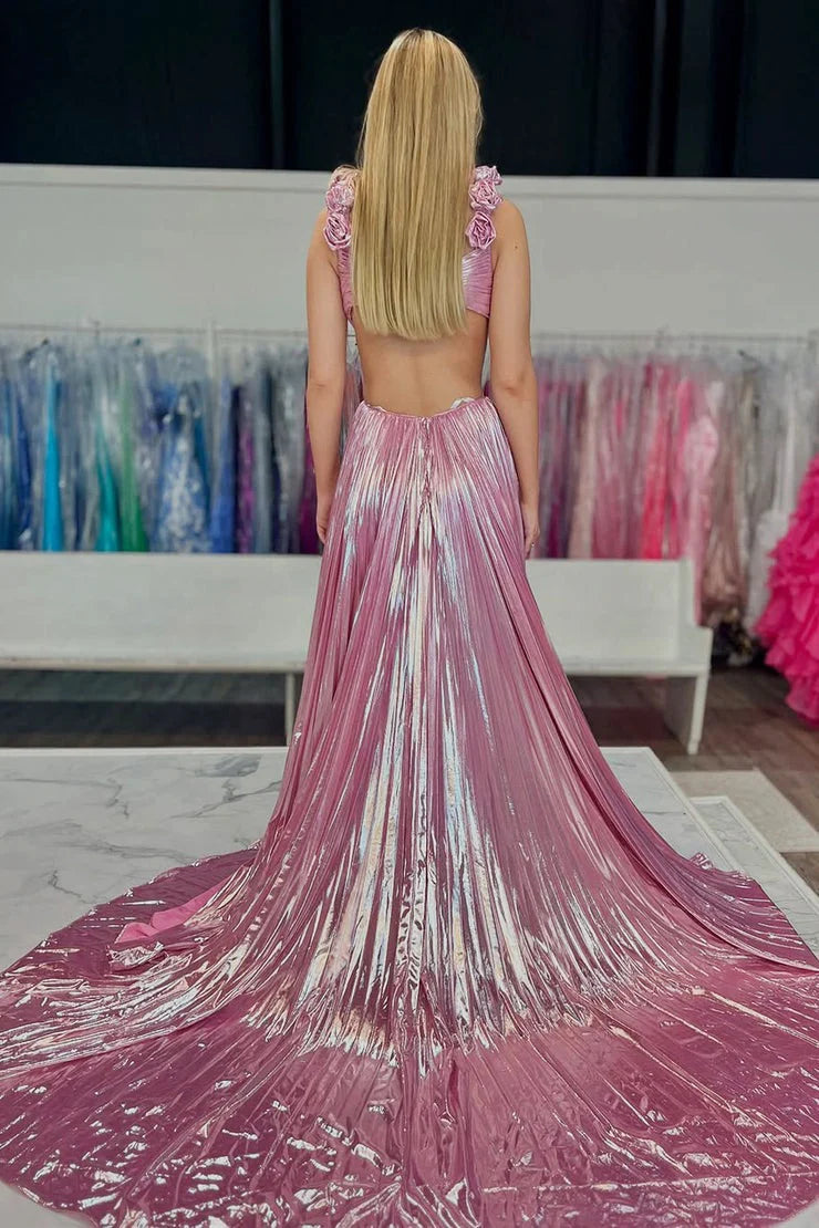 Pink Glitter Fabric A-Line V-Neck Open-Back Floor-Length Dress Back View - Jimiss
