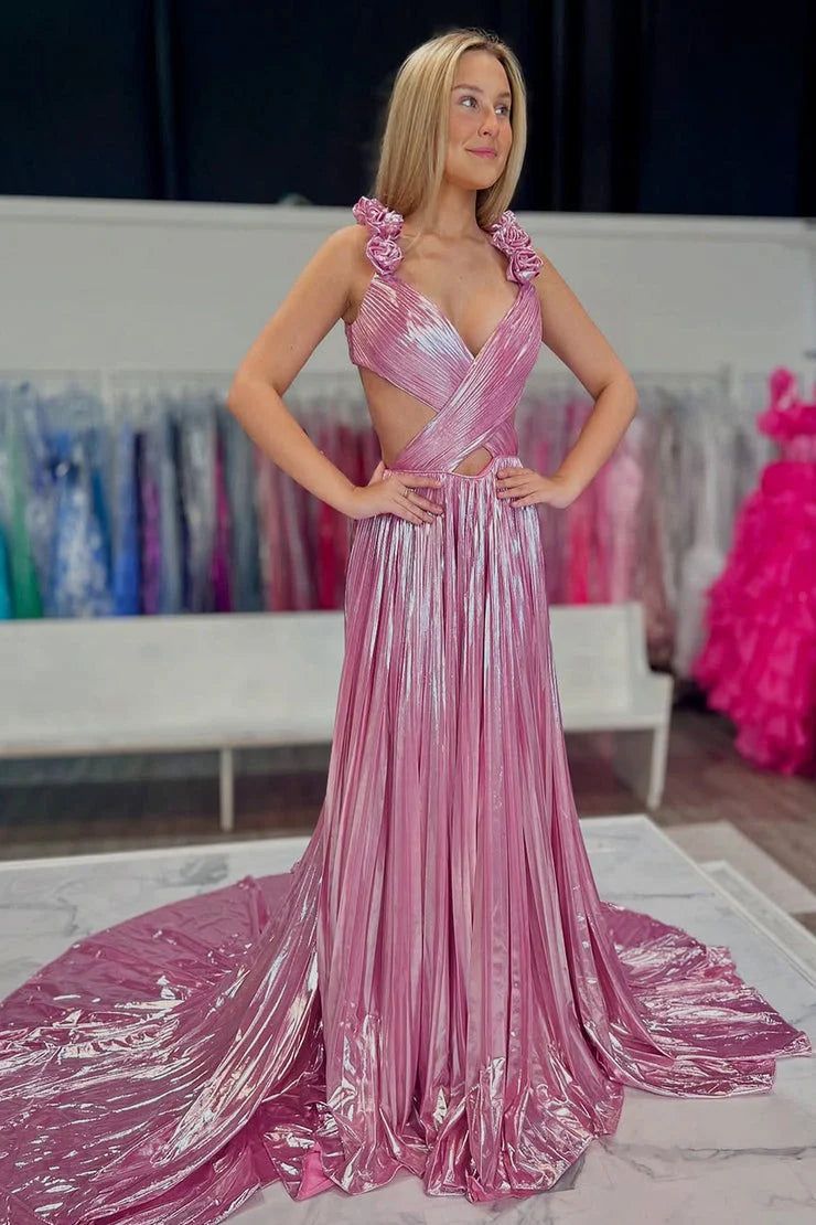 Pink Glitter Fabric A-Line V-Neck Open-Back Floor-Length Dress Front View - Jimiss