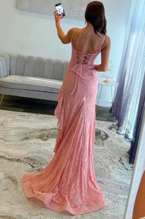 Pink Lace sheath-column scoop-neck lace-up-back floor-length Dress - Jimiss