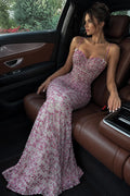 Pink Rhinestone Mesh Sheath-Column Sweetheart Low-Back Floor-Length Dress - Jimiss