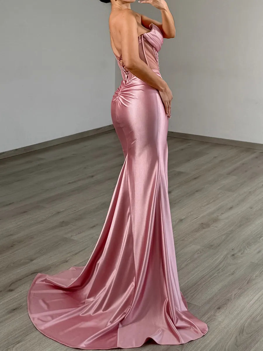 Pink Satin Mermaid Sweetheart Lace-Up Back Floor-Length Dress - Jimiss
