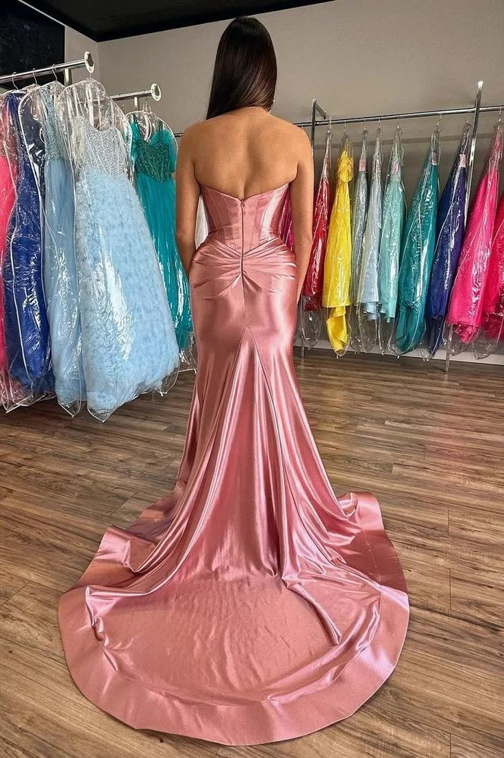 Pink Satin mermaid sweetheart zipper-back floor-length Dress Back View - Jimiss