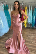 Pink Satin mermaid sweetheart zipper-back floor-length Dress Front View - Jimiss