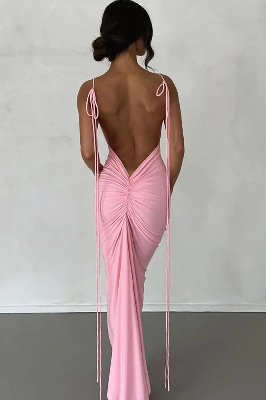 Pink Stretch Knit Sheath/Column Scoop Neck Floor-Length Dress Back View - Jimiss