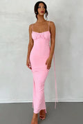 Pink Stretch Knit Sheath/Column Scoop Neck Floor-Length Dress Front View - Jimiss