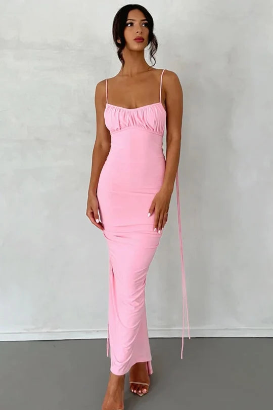 Pink Stretch Knit Sheath/Column Scoop Neck Floor-Length Dress Front View - Jimiss