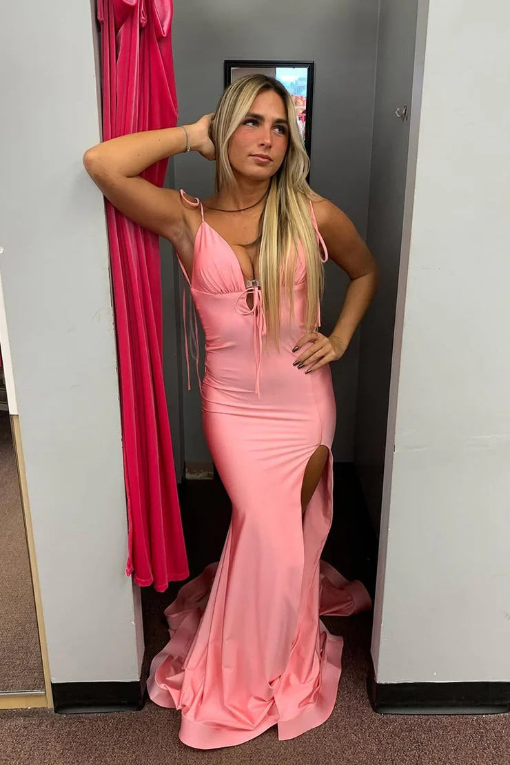 Pink Stretch Satin Mermaid V-Neck Open-Back Floor-Length Dress - Jimiss