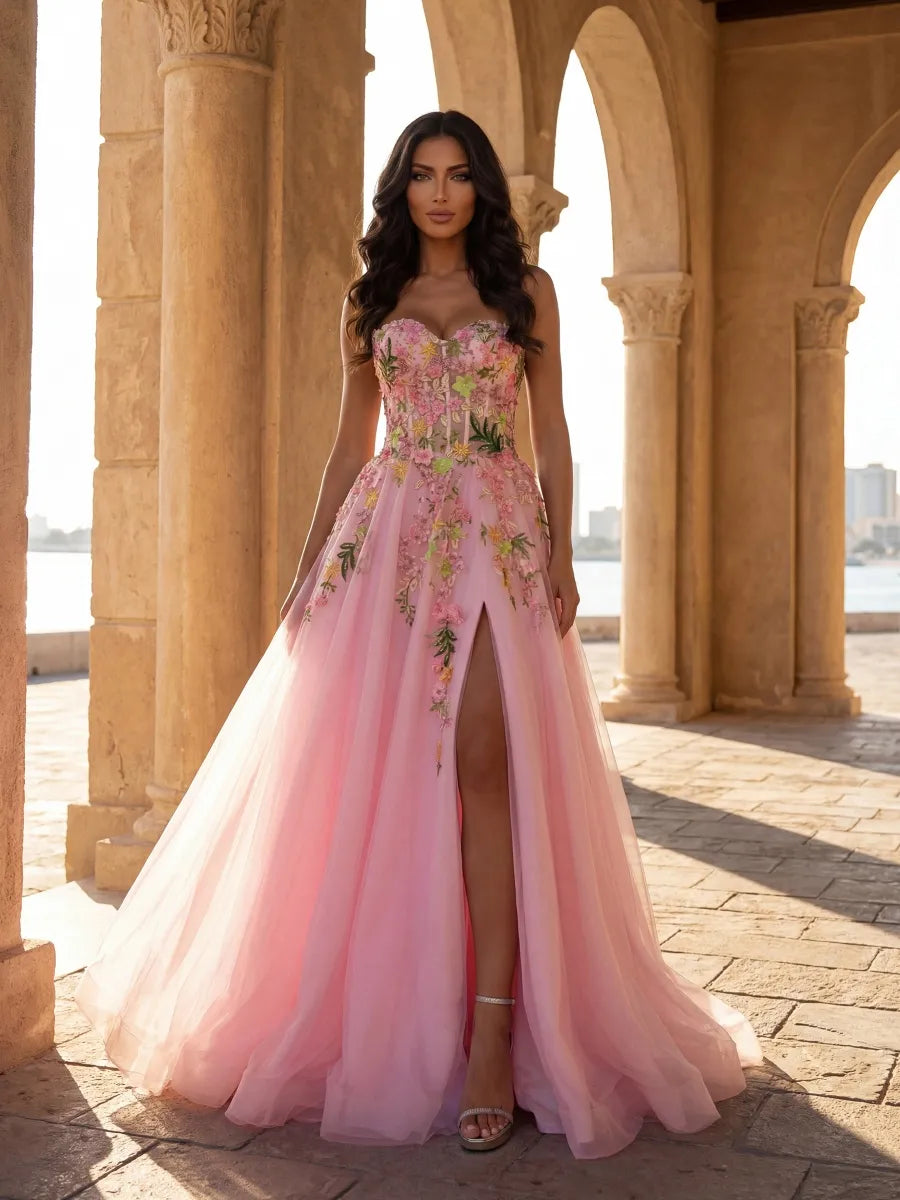 Pink Tulle A-Line Sweetheart Lace-up Floor-Length Dress - Jimiss