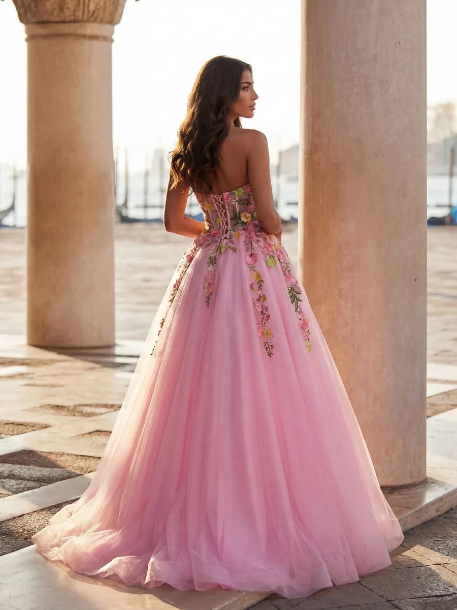 Pink Tulle A-Line Sweetheart Lace-up Floor-Length Dress - Jimiss