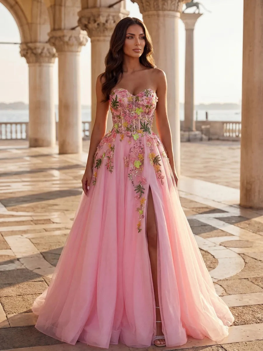 Pink Tulle A-Line Sweetheart Lace-up Floor-Length Dress - Jimiss