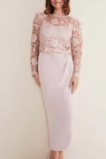 Dusty Rose Lace Sheath/column Midi Dress with Lace Bodice & Puff Long Sleeves