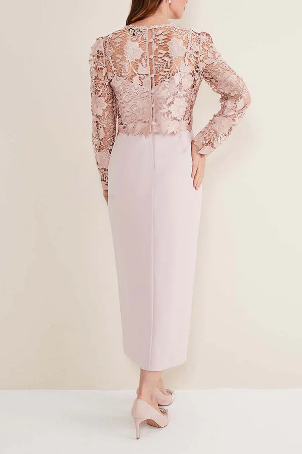 Dusty Rose Lace Sheath/column Midi Dress with Lace Bodice & Puff Long Sleeves