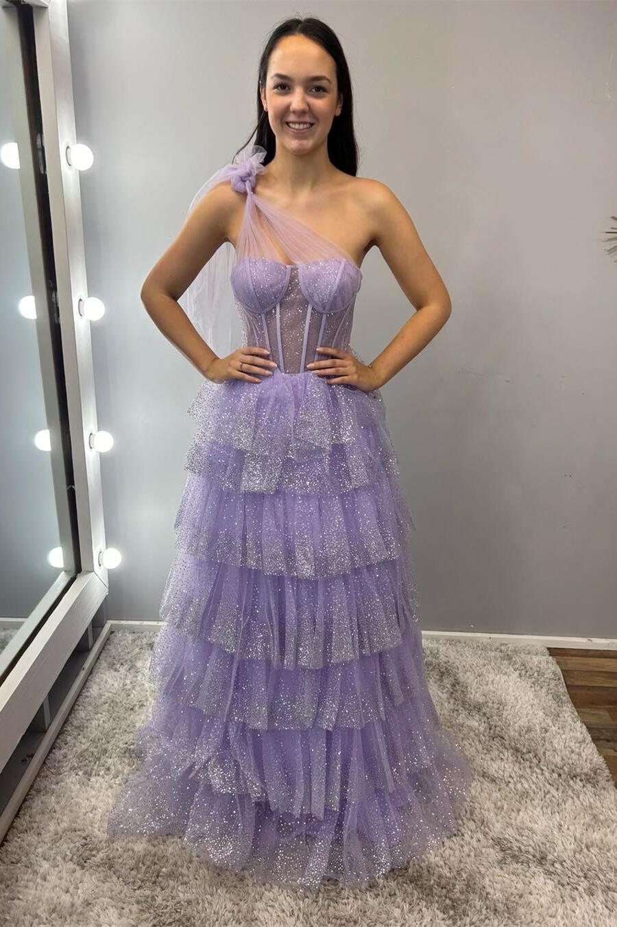 Dreamy A-line One-shoulder Sleeveless Tiered Lavender Floor Prom Dress