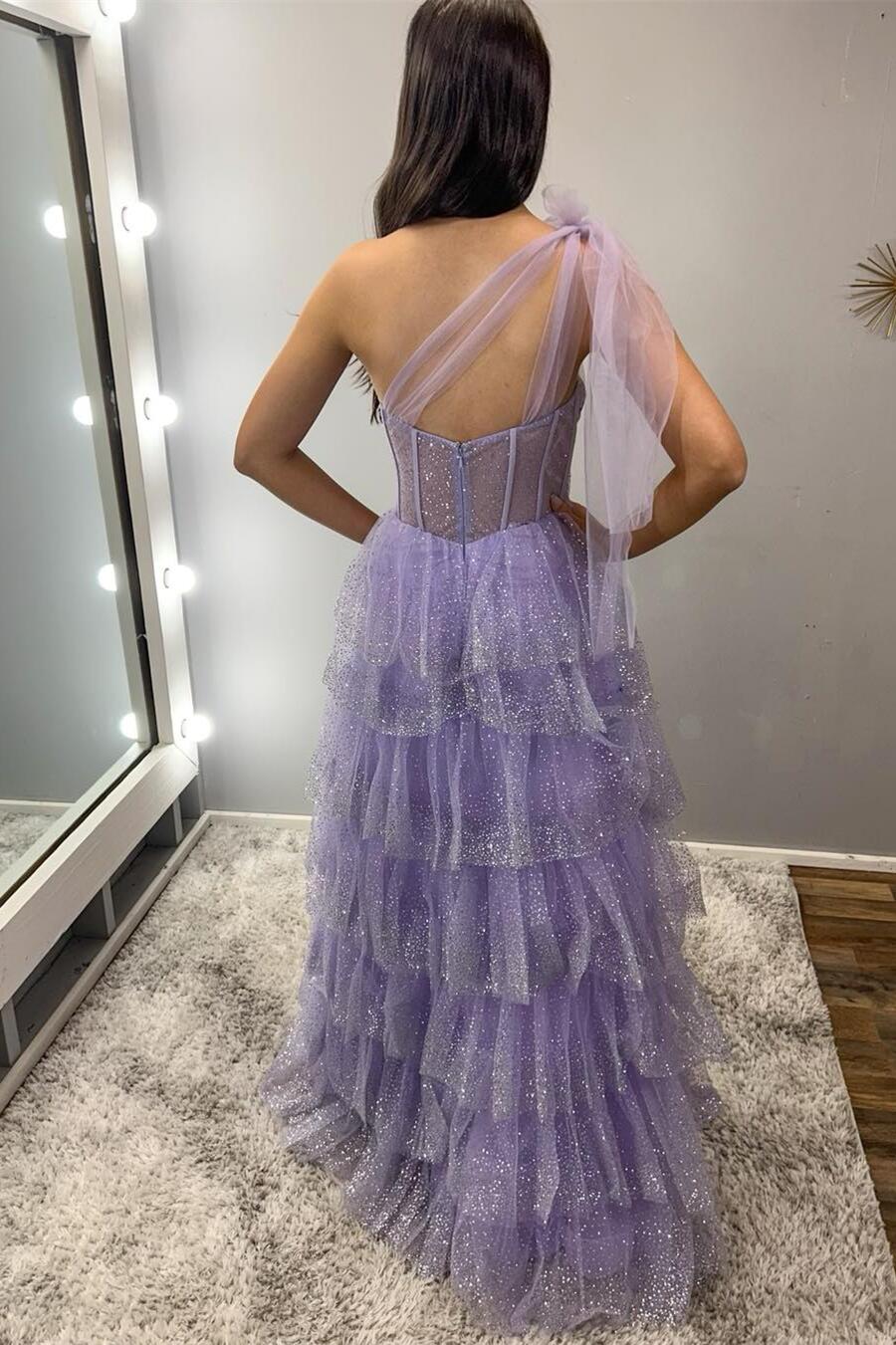 Dreamy A-line One-shoulder Sleeveless Tiered Lavender Floor Prom Dress