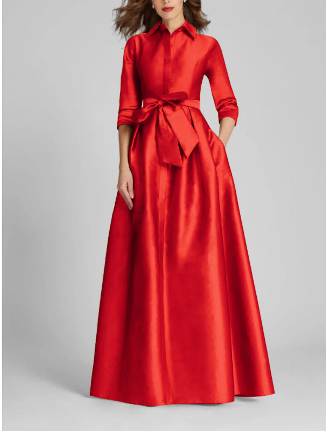 Vestido de noche de satén corte A, minimalista, dorado champán, negro, navideño, rojo y verde, formal, otoño, largo hasta el suelo, media manga, cuello camisero con lazo(s), pliegues, 2025