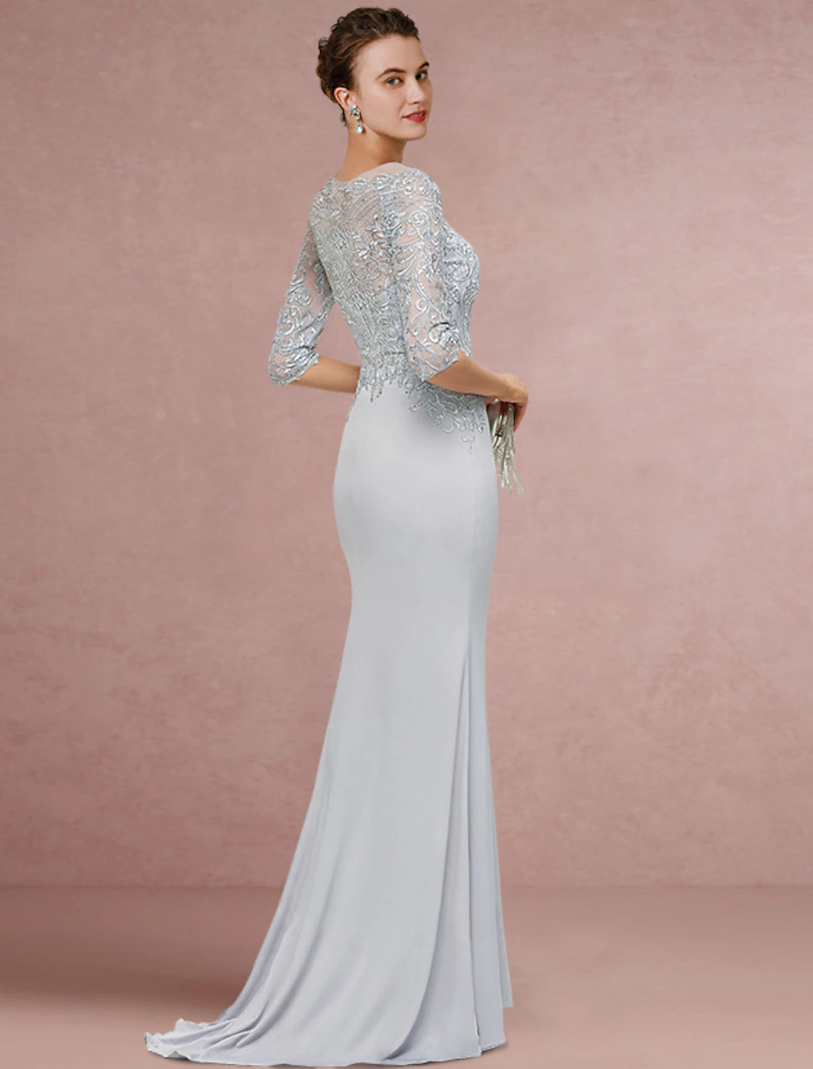 Silver Lace Illusion Boat Neck Sheath Floor-Length Evening Gown