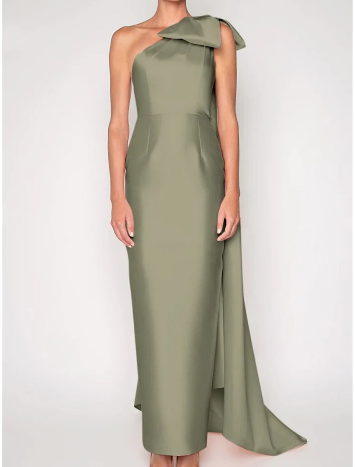 Vestido de noche elegante de satén con corte en forma de columna, rojo y verde navideño, formal, con cola larga y sin mangas, un hombro con flores en los hombros, 2025