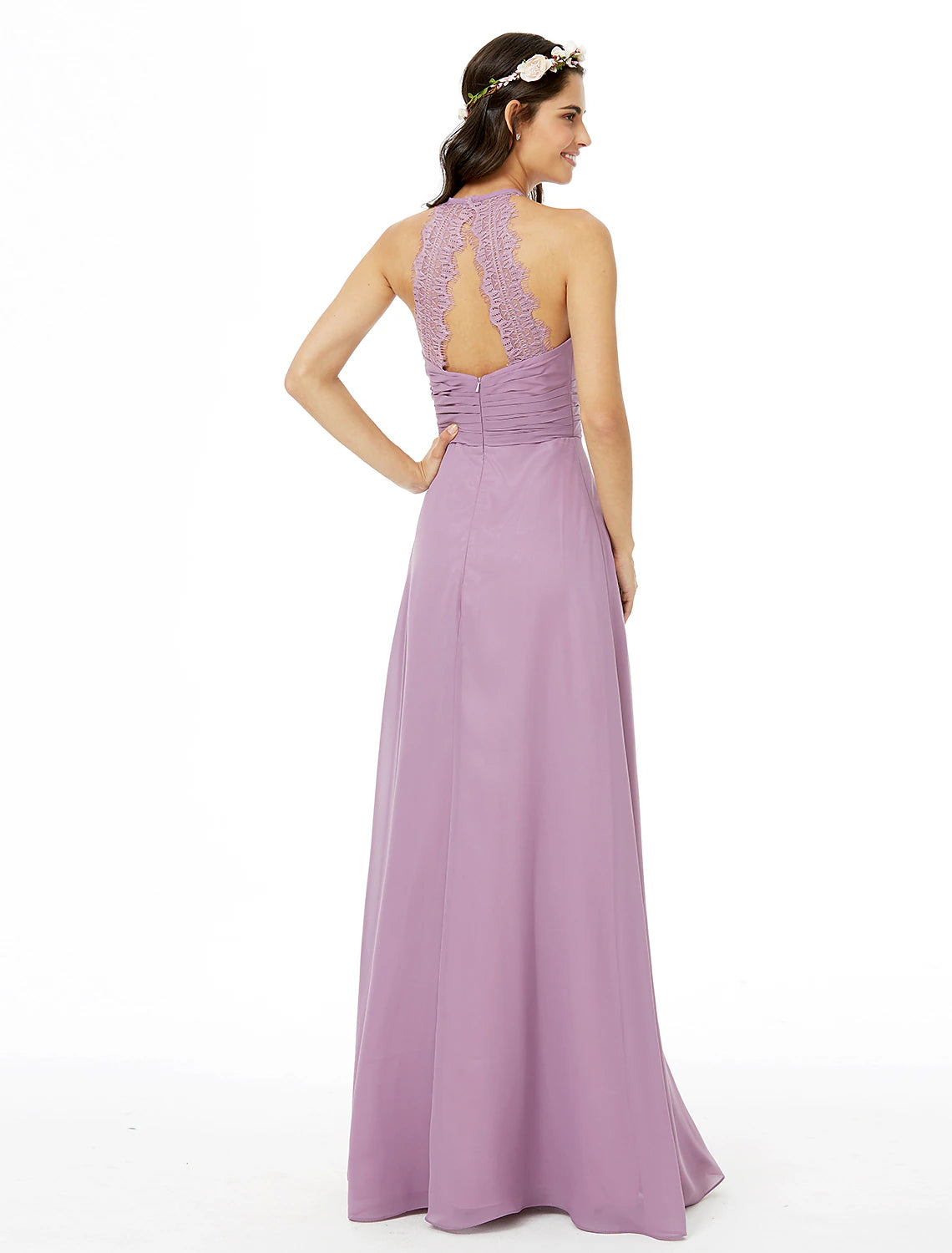 Lilac Chiffon A-Line Floor-Length with Halter neckline & Backless