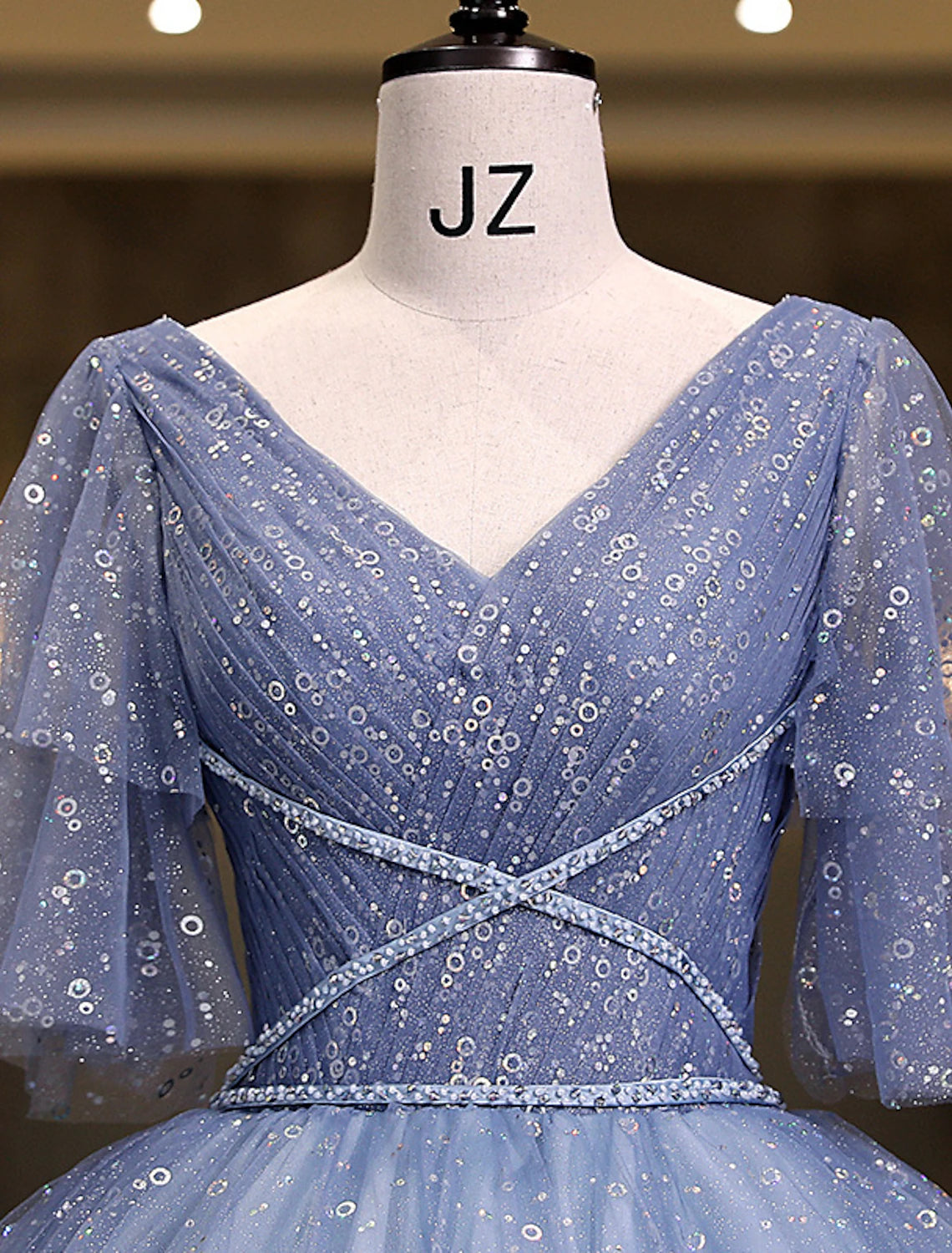 Vestido de quinceañera de princesa, largo hasta el suelo, manga corta, cuello en V, poliéster con lentejuelas