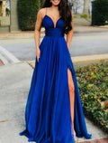 Royal Blue Chiffon A-Line V-Neck Evening Gown | Pleated Bodice & High Slit