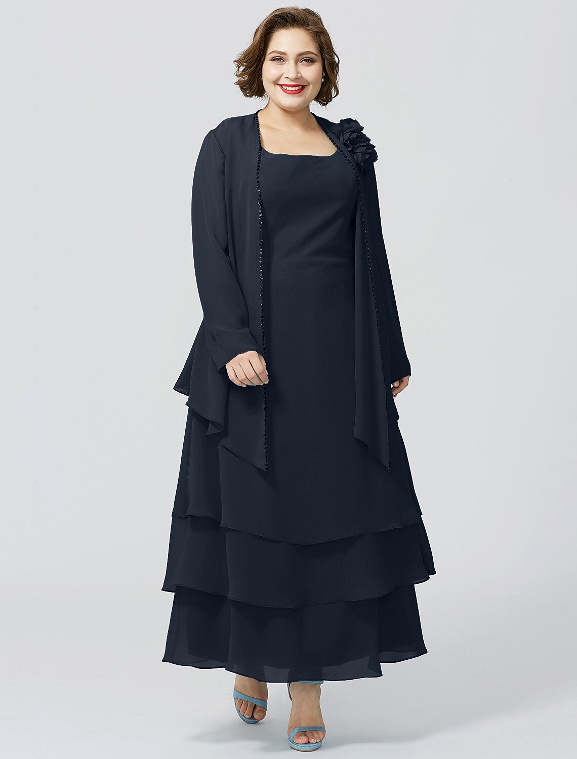 Abito da madre della sposa a trapezio, elegante, taglie forti, con scollo a barchetta, lunghezza alla caviglia, in chiffon, senza maniche, con pizzo