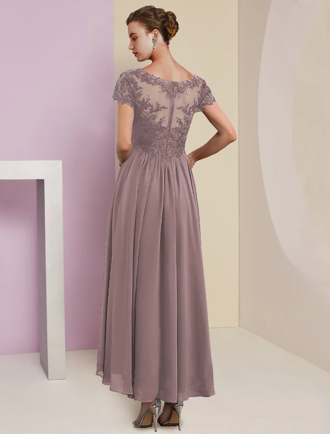 Mauve Chiffon A-Line Midi Dress with Embroidered V-Neck & Flutter Sleeves