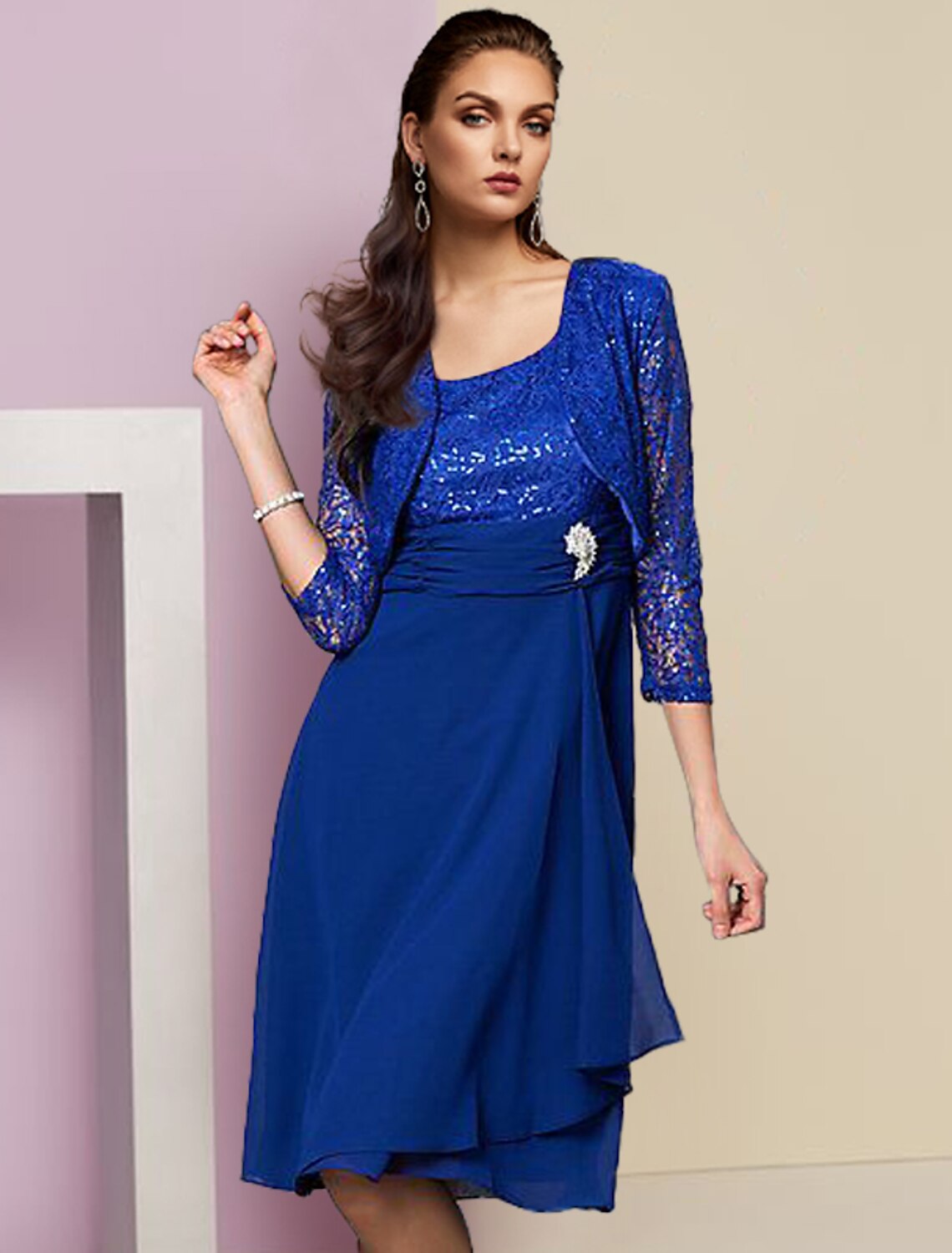 Vestido de dos piezas tipo tubo/columna para madre de la novia, elegante, con escote redondo, largo hasta la rodilla, de gasa, con encaje, sin mangas, con lentejuelas